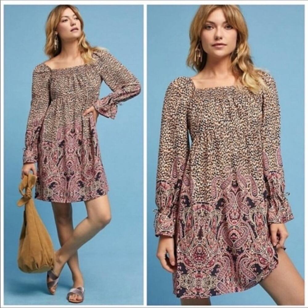 NWT $138 Anthro Maeve “Milou” boho paisley long sleeve smocked mini dress